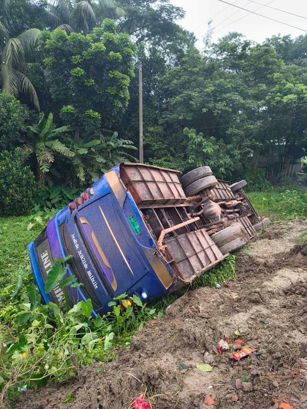 গৌরনদীতে ঢাকা-বরিশাল মহাসড়কে বাস খাদে, আহত ১০