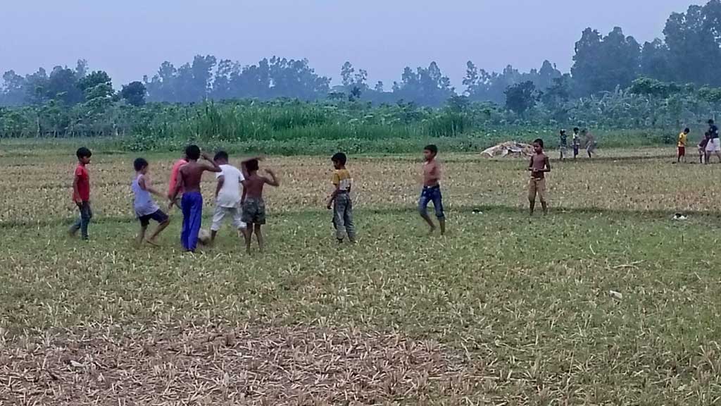 গ্রামের পাশে বিস্তীর্ণ জমির বোরো ধান কাটা শেষ। ফাঁকা জমিতে ফুটবল নিয়ে দুরন্তপনায় মেতেছে শিশুরা। রায়পুরার পূর্বহরিপুর গ্রাম থেকে তোলা, নরসিংদী. ২৯ মে ২০২৪। ছবি: হারুনূর রশিদ