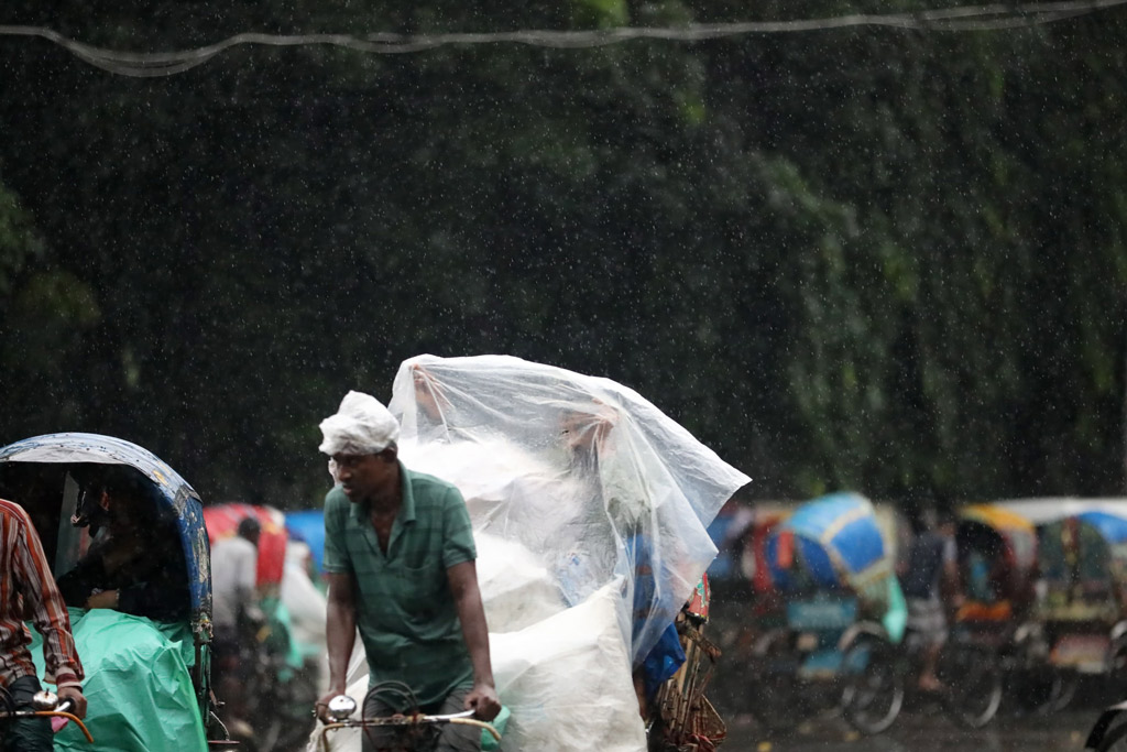 শীতল আবহাওয়ার মধ্যে বৃষ্টি বাড়িয়েছে দুর্ভোগ। তাইতো নিজেকে রক্ষার্থে রিকশায় পলিথিন মুড়ি দিয়ে আছেন এক ব্যক্তি।