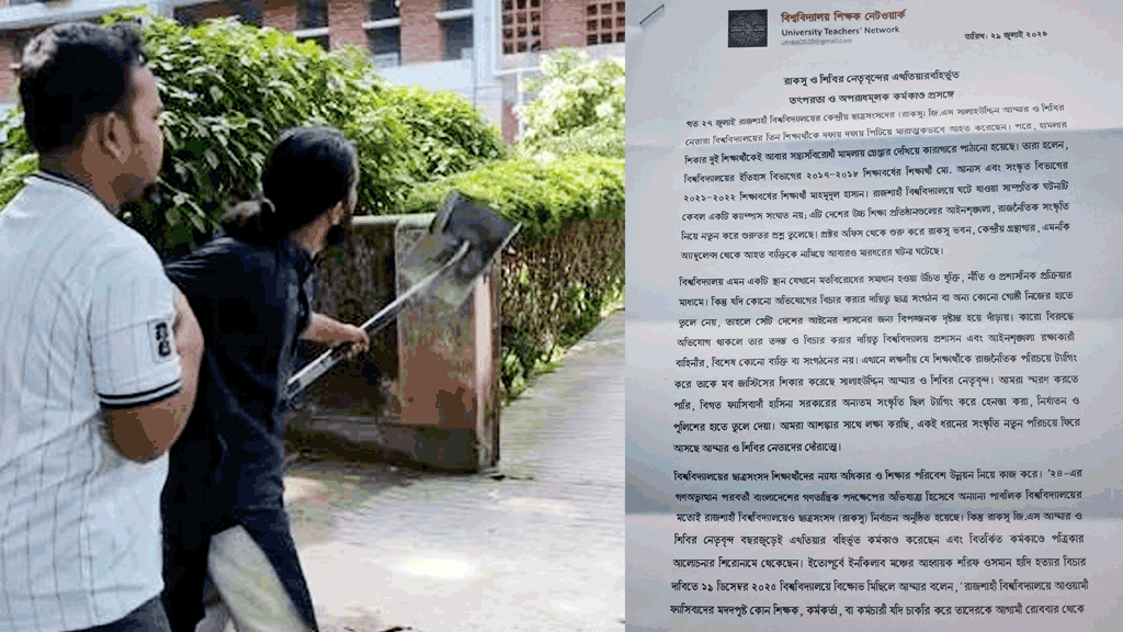 রাকসু ও শিবির নেতাদের ‘এখতিয়ারবহির্ভূত কর্মকাণ্ড’ বন্ধের দাবি শিক্ষক নেটওয়ার্কের