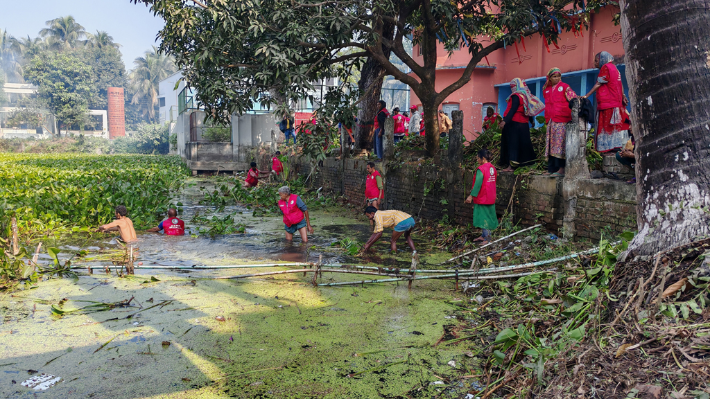 বাগেরহাটে স্বেচ্ছাশ্রমে জেলখানা পুকুরের কচুরিপানা পরিষ্কার