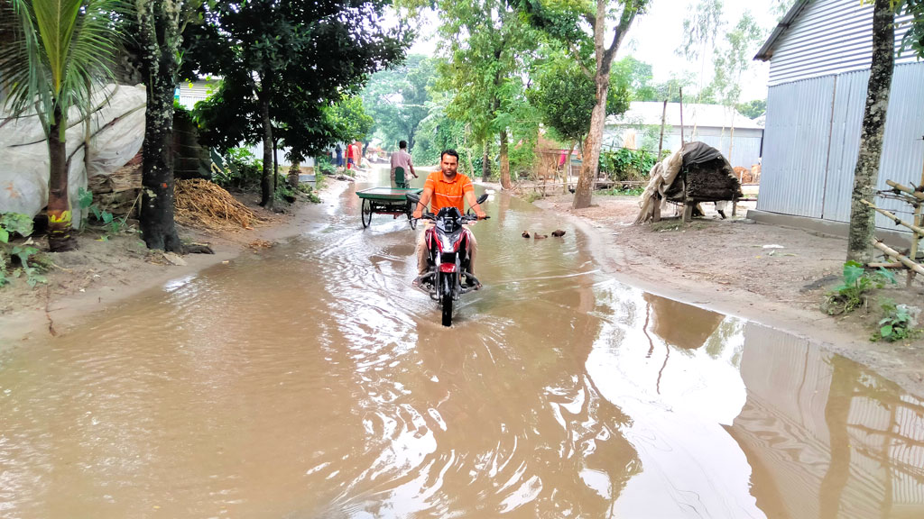 ইসলামপুরে বৃষ্টিতে জলাবদ্ধ সড়কে সাঁতরায় হাঁস