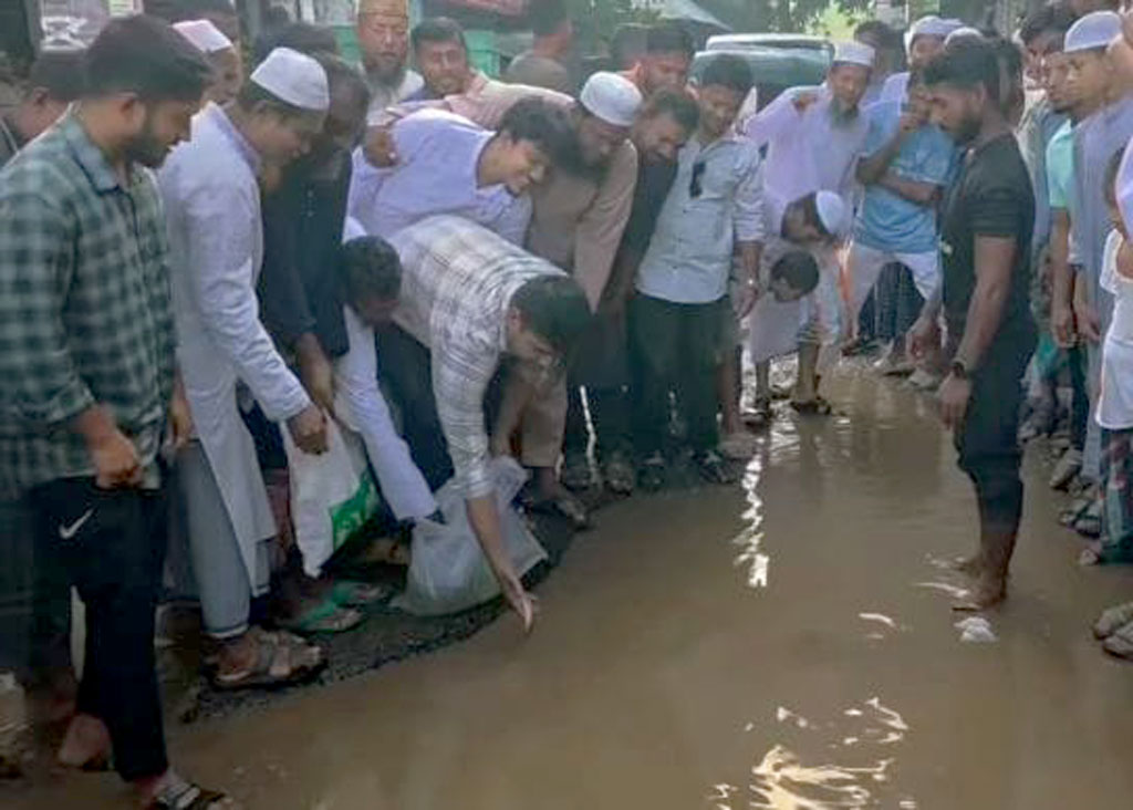 দেবিদ্বারে ভাঙা সড়কে মাছ ছাড়লেন হাসনাত আবদুল্লাহ