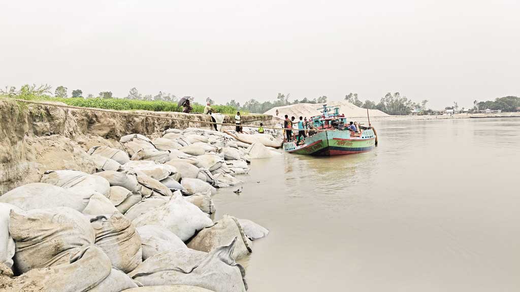 যমুনার ভাঙনের মুখে বাঁধ-ফসলি জমি
