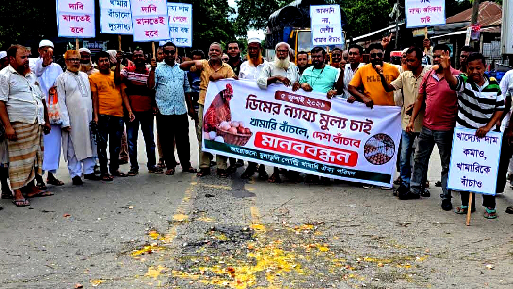 ঈশ্বরদীতে ডিমের ন্যায্য দাম না পাওয়ায় সড়কে ডিম ভেঙে খামারিদের প্রতিবাদ