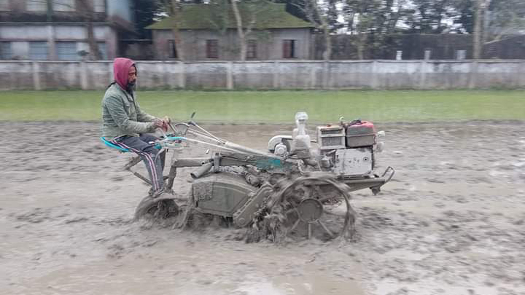 মাঘের প্রচণ্ড শীতের মধ্যেও জমিতে কাজ করছেন একজন কৃষক ৷ আটপাড়ার নাজিরগঞ্জের একটি মাঠ, নেত্রকোনা। ছবি: ফয়সাল চৌধুরী