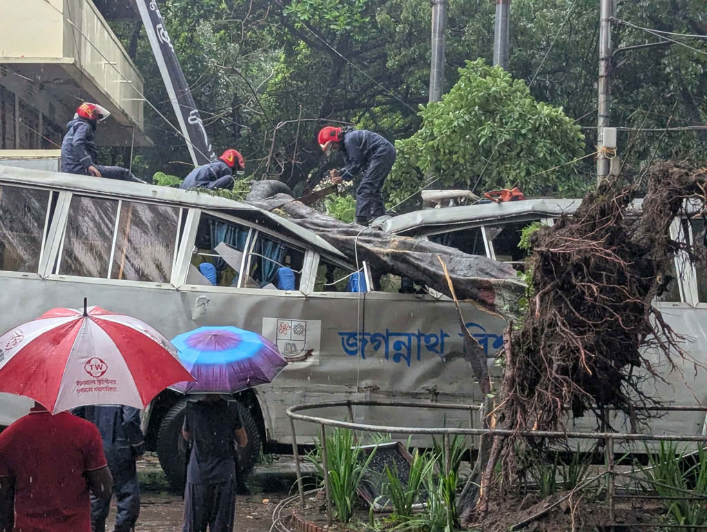 গাছ ভেঙে পড়ে দুমড়ে-মুচড়ে গেল জগন্নাথ বিশ্ববিদ্যালয়ের বাস