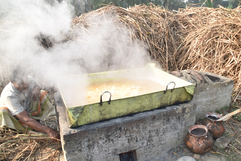 ভোর থেকে খেজুরগাছ থেকে রস সংগ্রহ করেন গাছিরা। সেই রস জ্বাল দিয়ে গুড় বানানোর প্রক্রিয়া চলছে। রাজশাহীর পুঠিয়া উপজেলার বেলপুকুর ইউনিয়ন এলাকায়। ছবি: মিলন শেখ