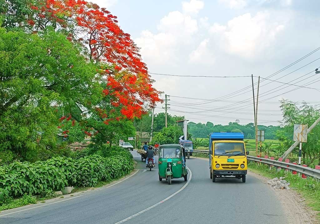 জ্যৈষ্ঠের কাঠফাটা রোদে যখন জনজীবন অতিষ্ঠ, তখন সেই দাবদাহেই প্রকৃতি আঁকে রঙিন এক চিত্রপট। গ্রীষ্মের রাঙা ছোঁয়ায় ব্যস্ত সড়কের ধারে ফুটে থাকা কৃষ্ণচূড়া যেন অস্বস্তির মাঝেও চোখ ও মনে আনে প্রশান্তির ছায়া। ছবি: আব্দুর রাজ্জাক