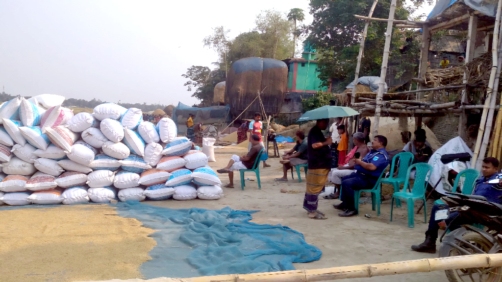 পুলিশের উপস্থিতিতে ধান বিক্রি করছে আসামীপক্ষ