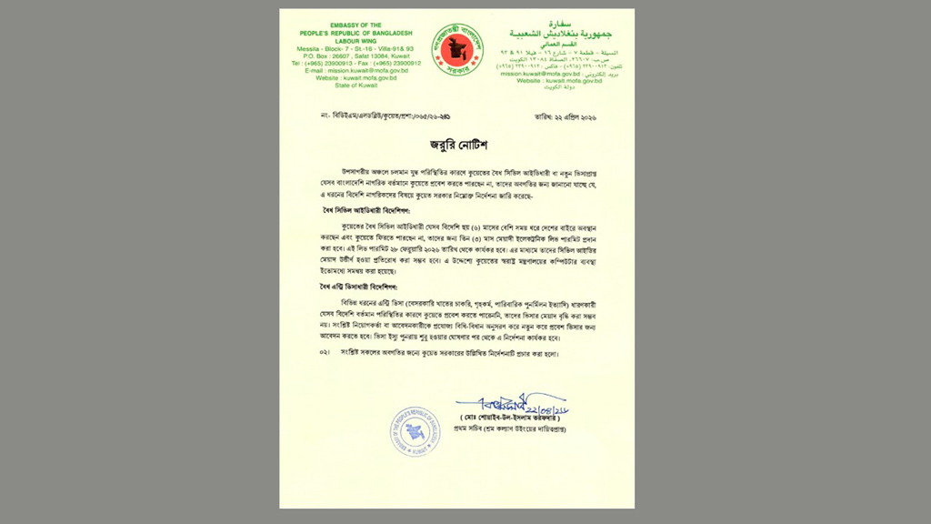 কুয়েতে এন্ট্রি ভিসার মেয়াদ বাড়বে না, করতে হবে নতুন আবেদন