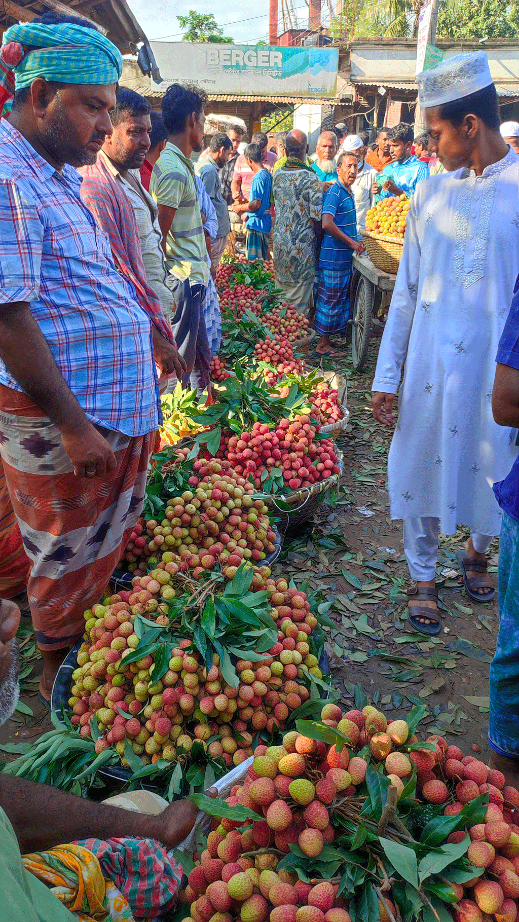 হাটে লিচু বিক্রি করতে এসেছেন লিচুচাষিরা। বিক্রির জন্য সারিবদ্ধভাবে দাঁড়িয়ে আছেন লিচুর ডালি নিয়ে। ঈশ্বরদী উপজেলার আওতাপাড়া হাটে।