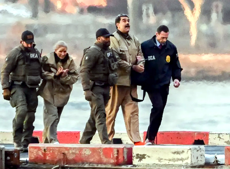 নিউইয়র্কের আদালতের নিকটবর্তী একটি হেলিপোর্টে হাতকড়া পরা অবস্থায় মাদুরো ও তাঁর স্ত্রী। ছবি: ভিডিও থেকে নেওয়া