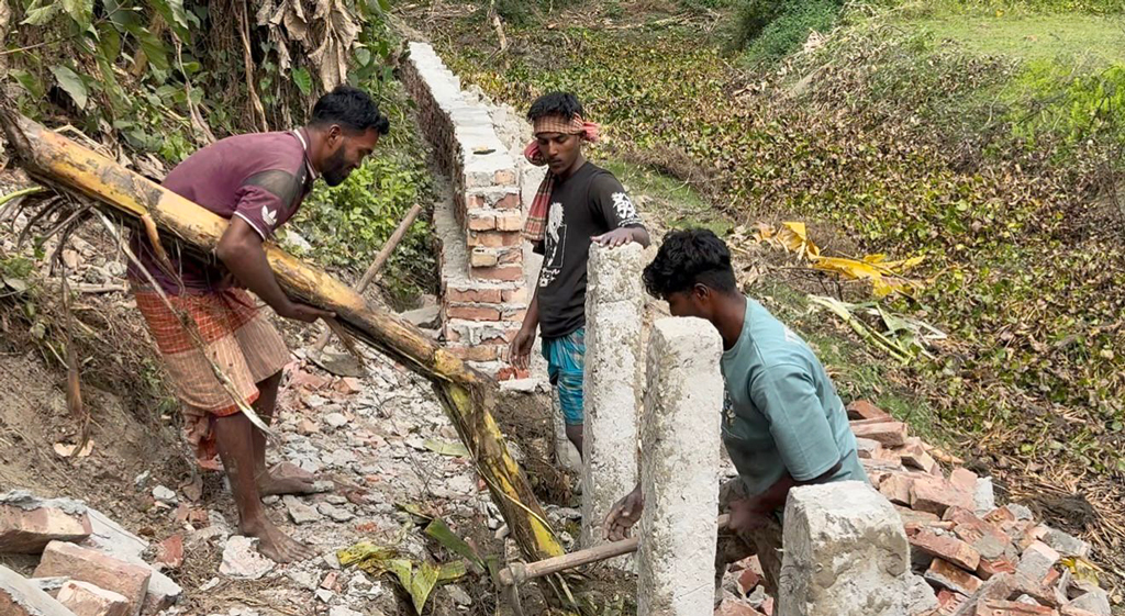এলজিইডির সড়কের গাইডওয়াল নির্মাণ: শিবচরে কলাগাছের ওপর ইটের গাঁথুনি!