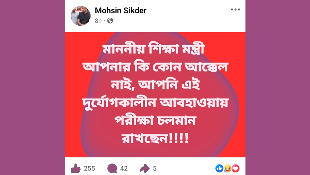 ‘শিক্ষামন্ত্রীর কি আক্কেল নেই’—ছাত্রদল নেতার ফেসবুক পোস্ট ঘিরে হিজলায় ক্ষোভ