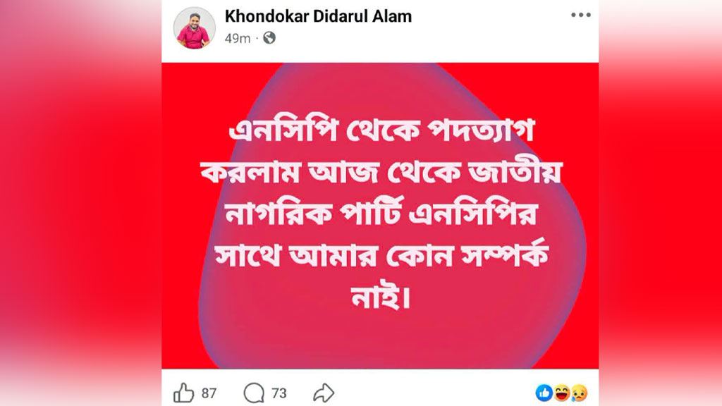 খন্দকার দিদারুল আলমের দেওয়া ফেসবুক পোস্ট।
