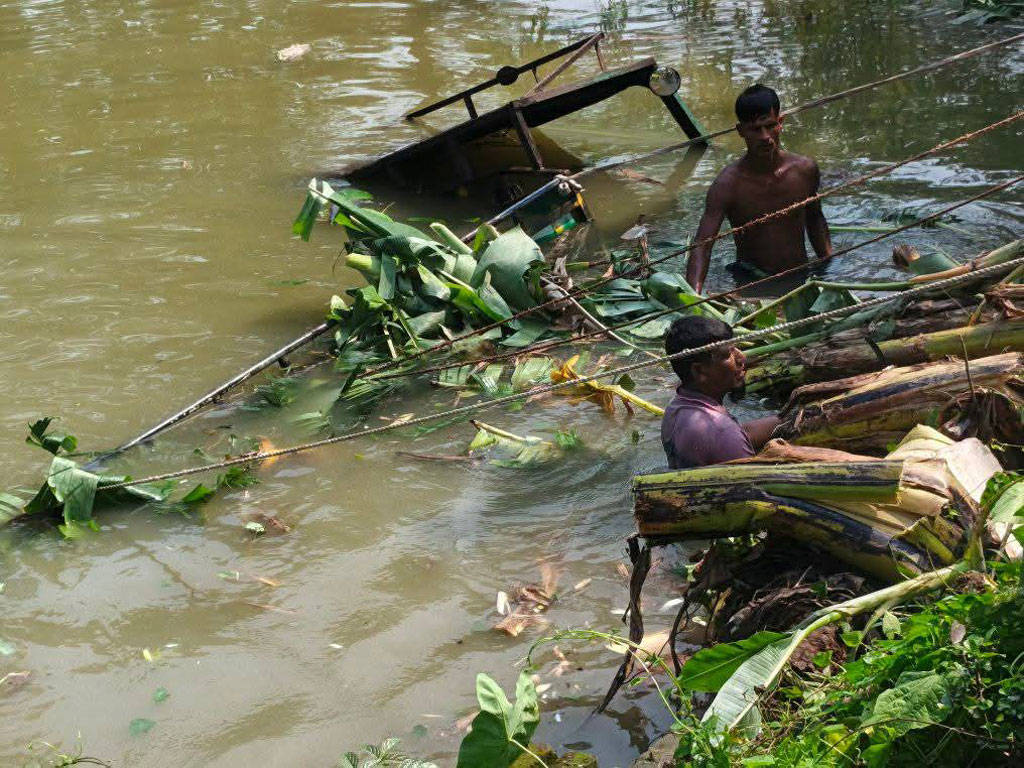 নান্দাইলে বাসের ধাক্কায় গরুবাহী নছিমন পানিতে, ৬টি গরুর মৃত্যু