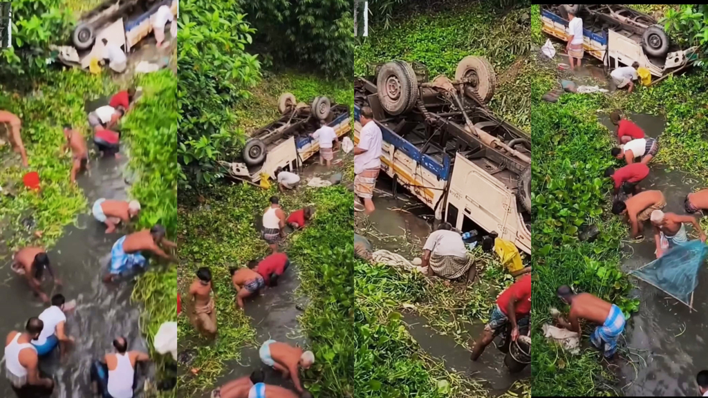 পিকআপ খালে উল্টে পড়তেই মাছ ধরায় ব্যস্ত স্থানীয়রা, নিজ চেষ্টায় প্রাণে বাঁচলেন চালক