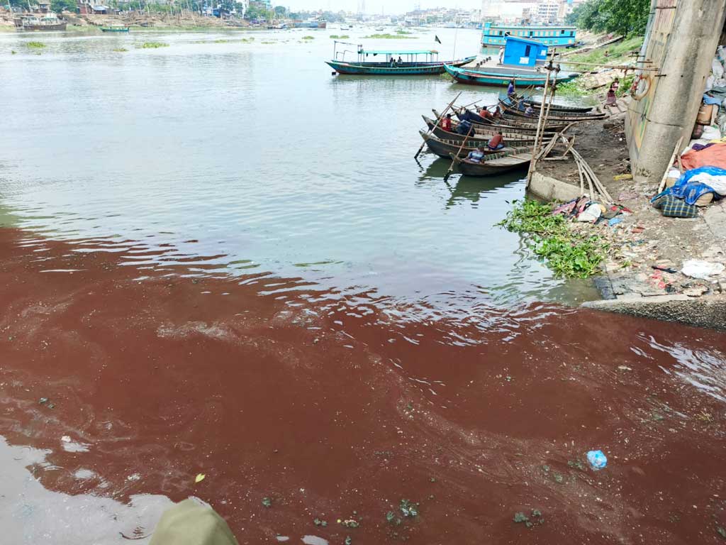 বর্ষায় নদীর পানি টলমলে থাকার কথা থাকলেও বুড়িগঙ্গার পানি লাল। কোরবানির পশুর রক্ত ড্রেন গড়িয়ে সরাসরি গিয়ে পড়ছে নদীতে, যার ফলে টলমলে নতুন পানির রূপ নিয়েছে লাল রক্তের রঙে। ছবিটি রাজধানীর বাবুবাজার ব্রিজের নিচ থেকে তোলা। ছবি: আজকের পত্রিকা