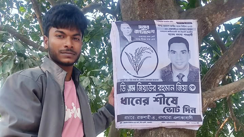 গাছে গাছে পেরেক ঠুকে বিএনপি প্রার্থীর পোস্টার