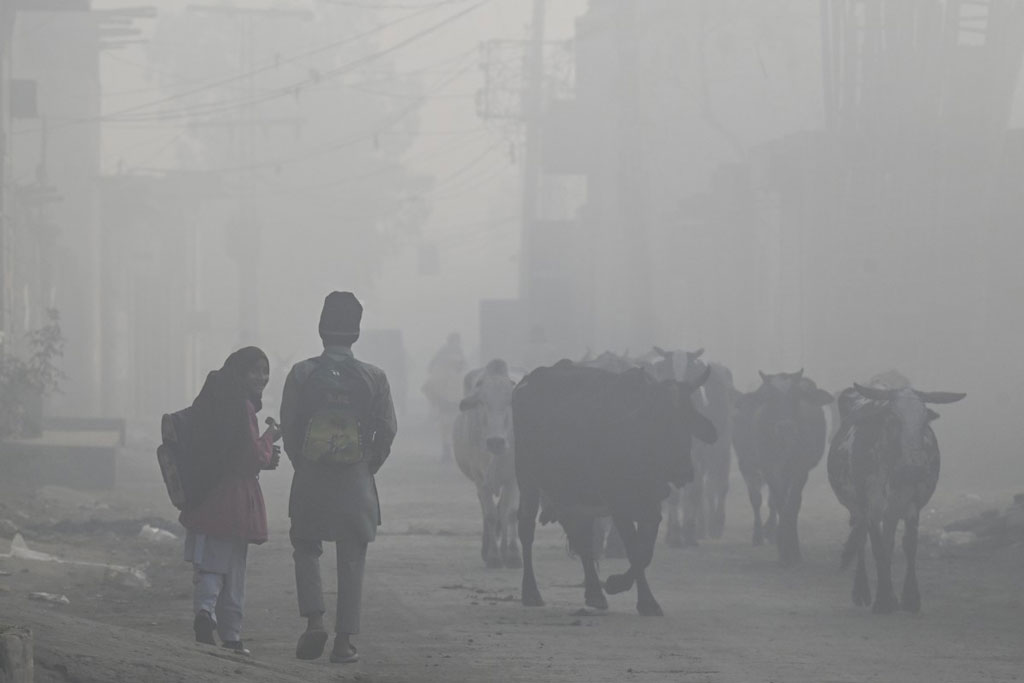 বায়ুদূষণে দীর্ঘদিন ধরে বিপর্যস্ত পাকিস্তানের লাহোর। এরই মধ্যে শীতও চলে এসেছে। শীতের কুয়াশা ও বায়ুদূষণে ধুলাবালি থেকে সৃষ্ট ধোঁয়াশা দেখা যাচ্ছে ছবিটিতে। এই ধোঁয়াশার মধ্যেই স্বাস্থ্যঝুঁকি নিয়ে স্কুলে যাচ্ছে শিশুরা। ছবি: আরিফ আলী/এএফপি।