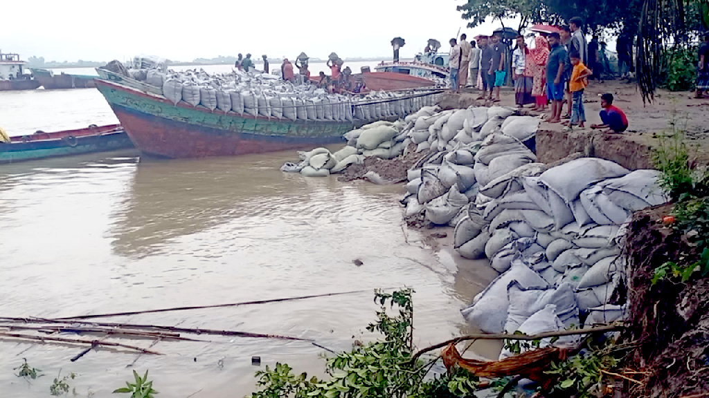 পদ্মা সেতু রক্ষা বাঁধে ভাঙন ঠেকাতে জিও ব্যাগ ফেলছে পাউবো
