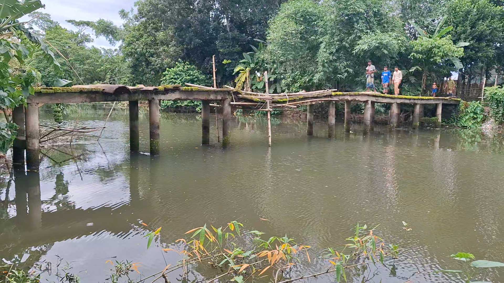 বাঁশ-কাঠে জোড়াতালি দেওয়া সেতু, ঝুঁকি নিয়ে পারাপার