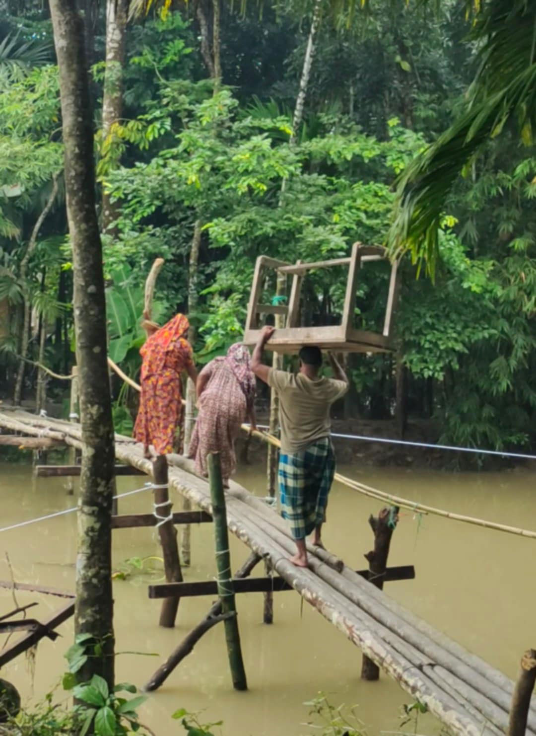 সেতু ভেঙে যাওয়ায় সাঁকো দিয়ে পারাপার। কাকচিড়া ইউনিয়নের রূপধন এলাকায়। ছবি: আজকের পত্রিকা