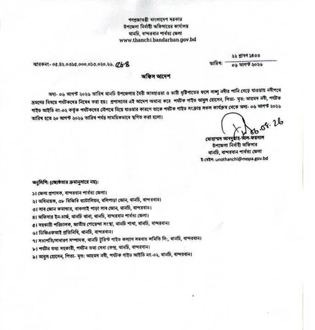 থানচিতে প্রশাসনের নির্দেশনা অমান্য: দুই পর্যটক গাইড ‘সাময়িক বহিষ্কার’